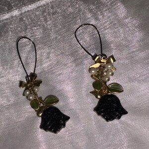 Betsey Johnson Black Rose Earrings with Gold and Pearl Accents